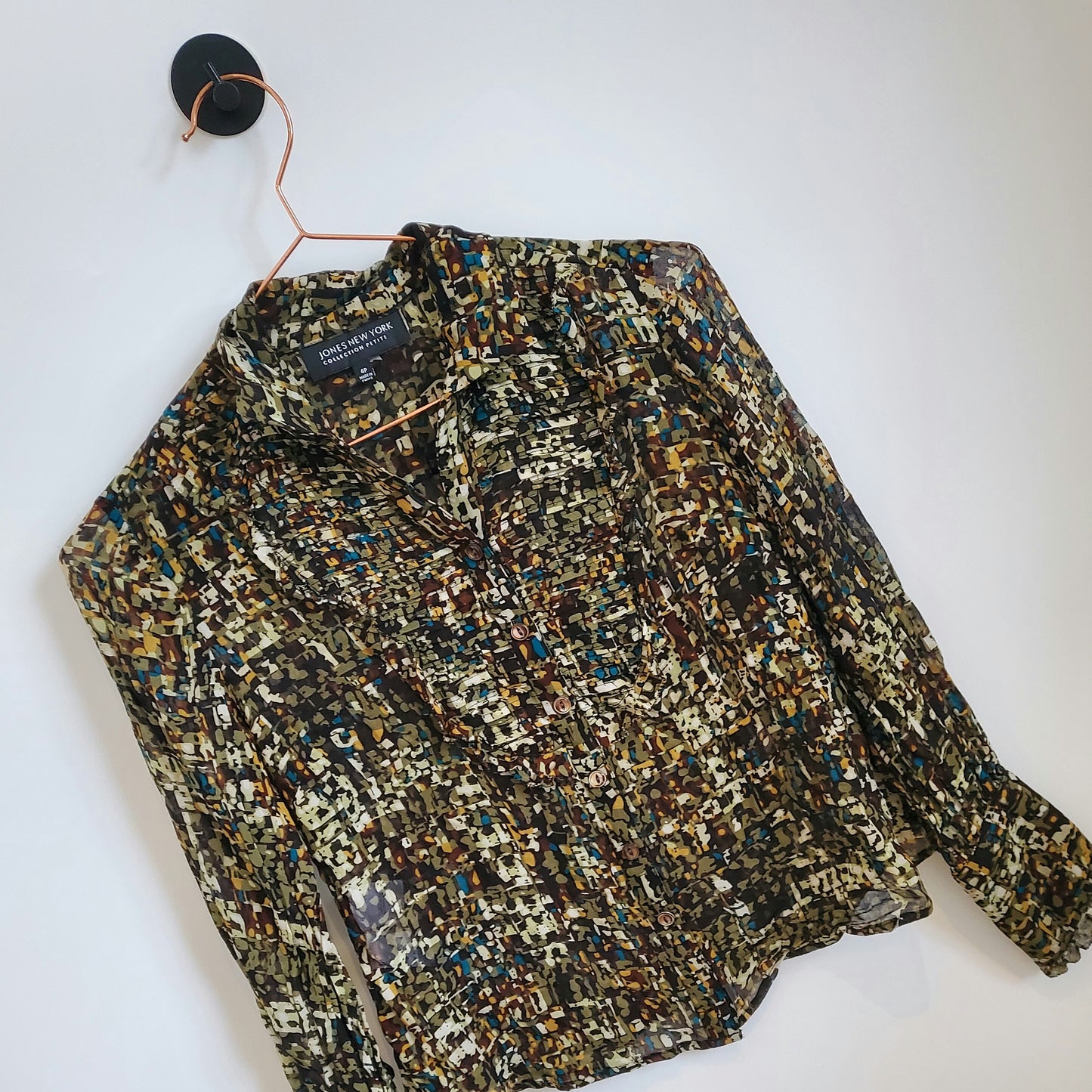 Vintage 90s Abstract Print Sheer Ruffle Blouse | Size 8