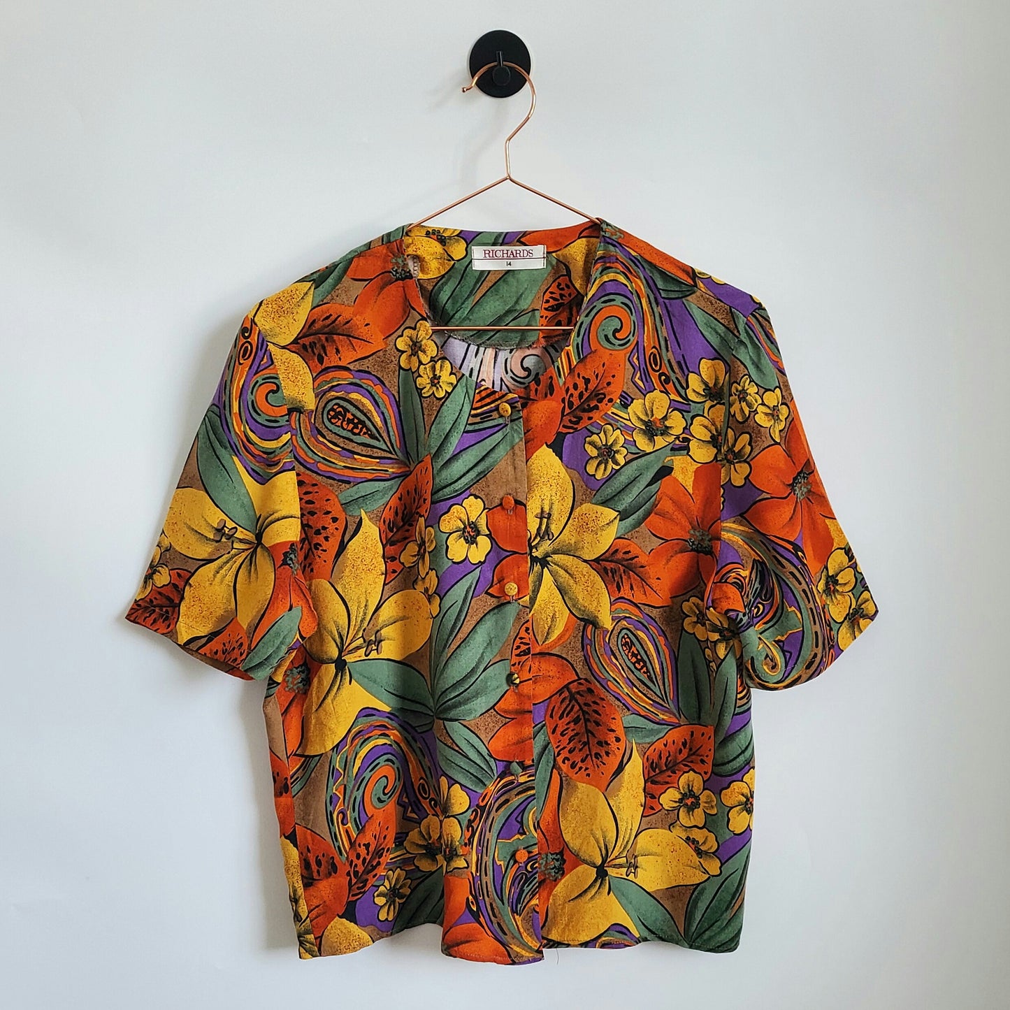 Vintage 80s Floral Print Short Sleeve Blouse | Size 12