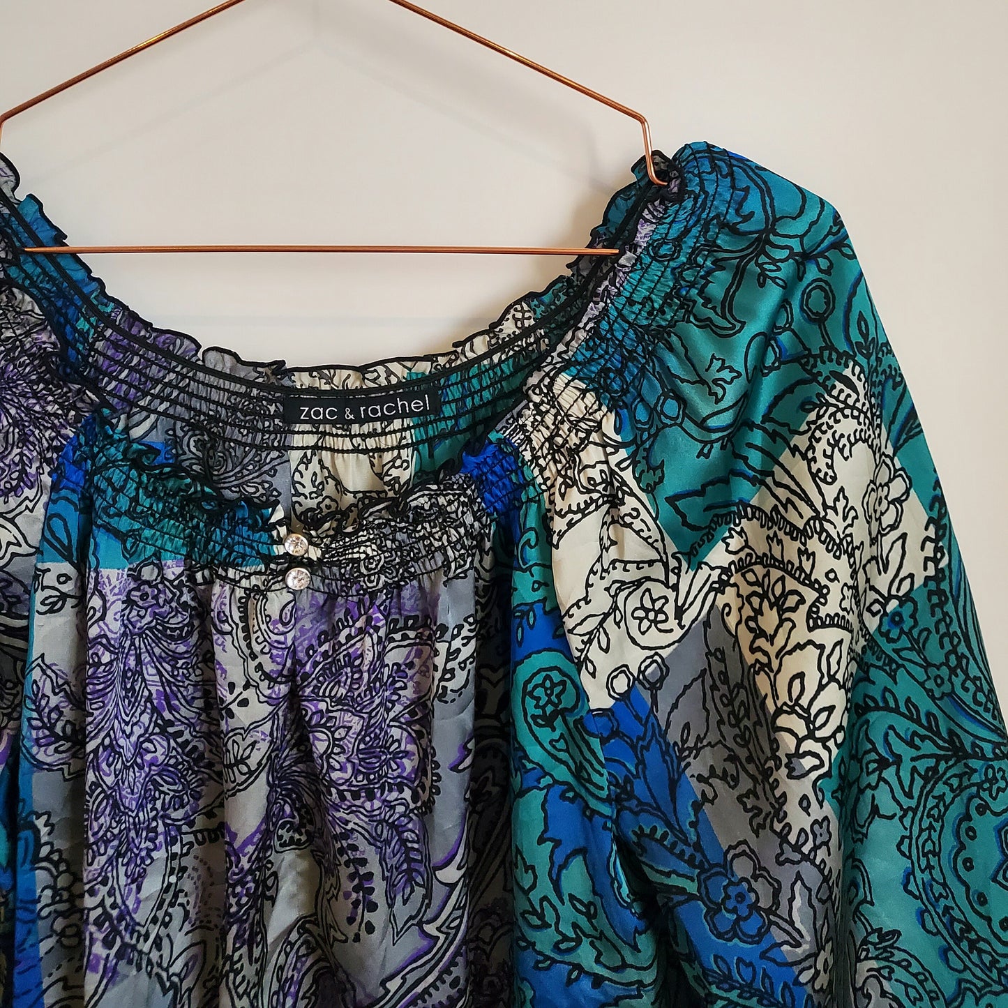 90s Vintage Paisley Satin Off Shoulder Top | Size 10