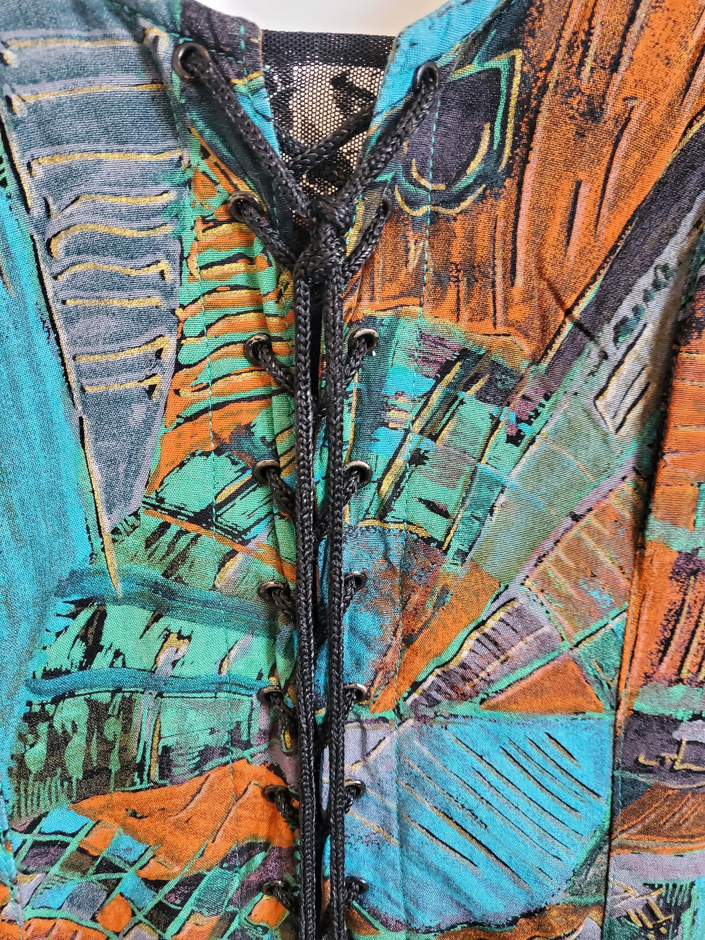 Vintage 90s Corset Front Funky Print Dress | Size 10