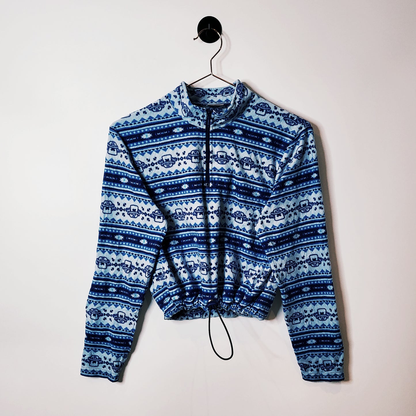 Vintage 90s Reworked Crop Fleece Top Blue and White Size 6-8