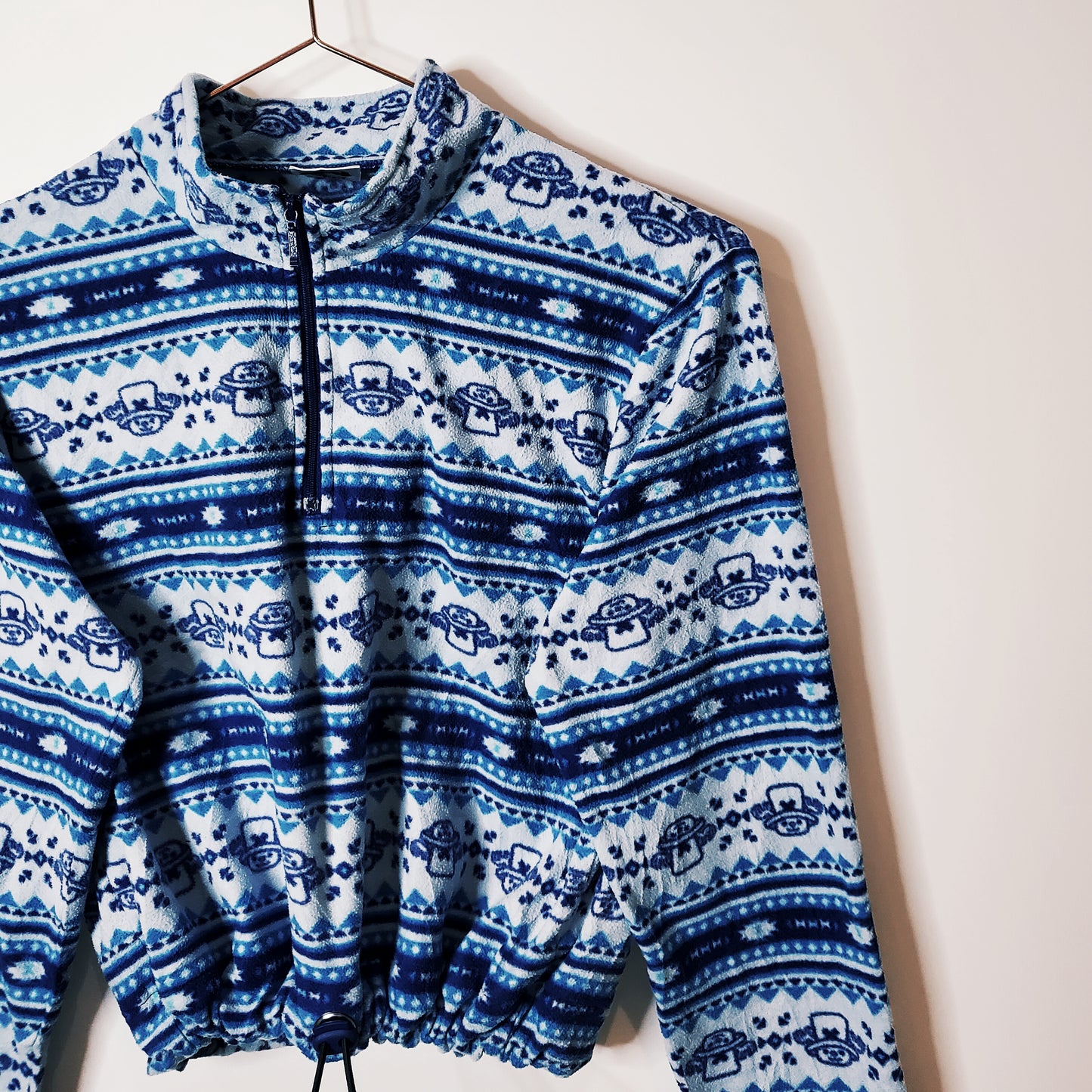Vintage 90s Reworked Crop Fleece Top Blue and White Size 6-8