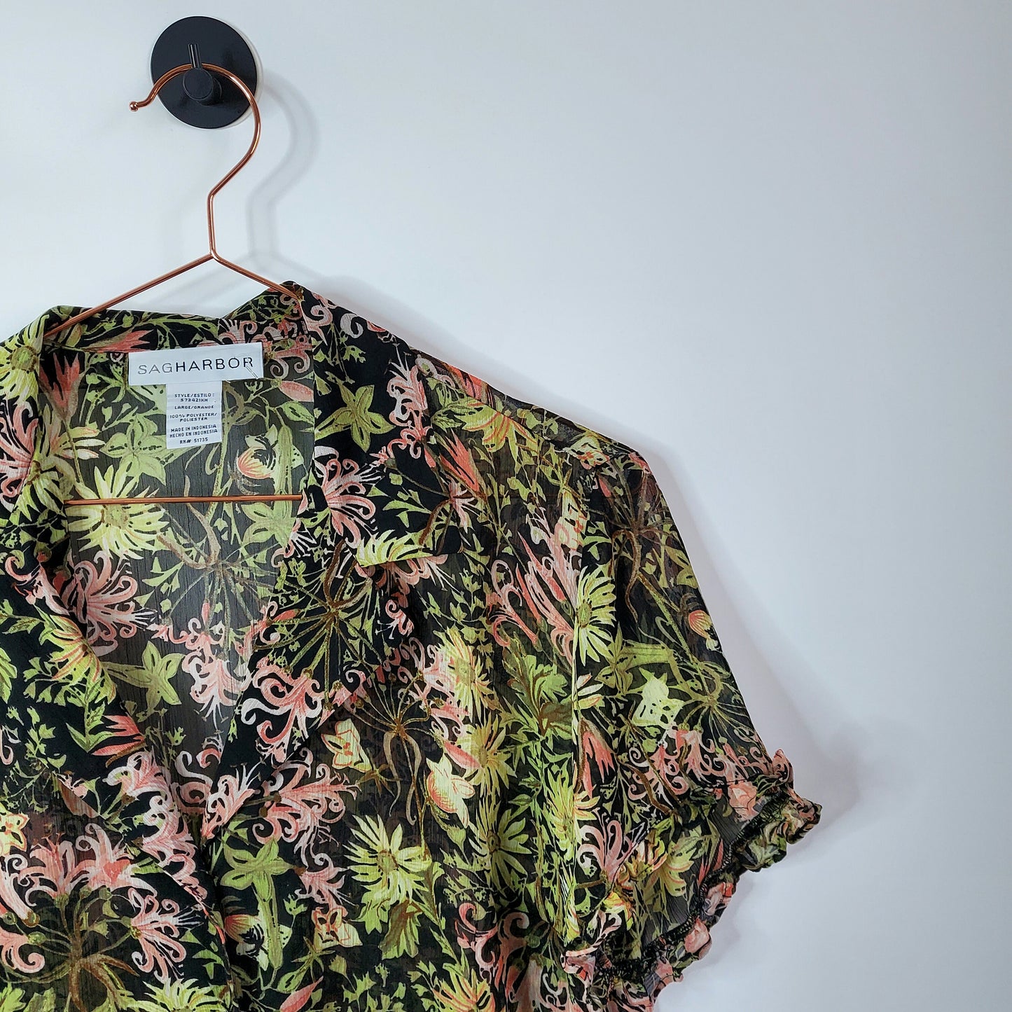 Vintage 90s Sheer Floral Women's Blouse Black and Green Size Large