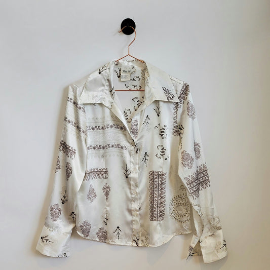 Vintage 70s Boho Print Satin Blouse | Size 12