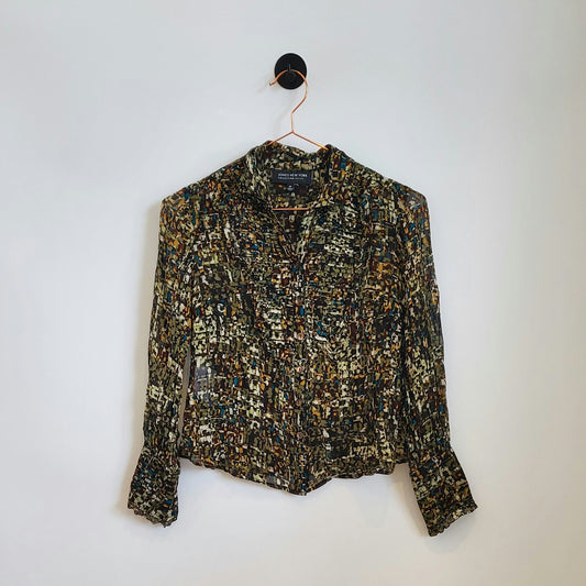 Vintage 90s Abstract Print Sheer Ruffle Blouse | Size 8