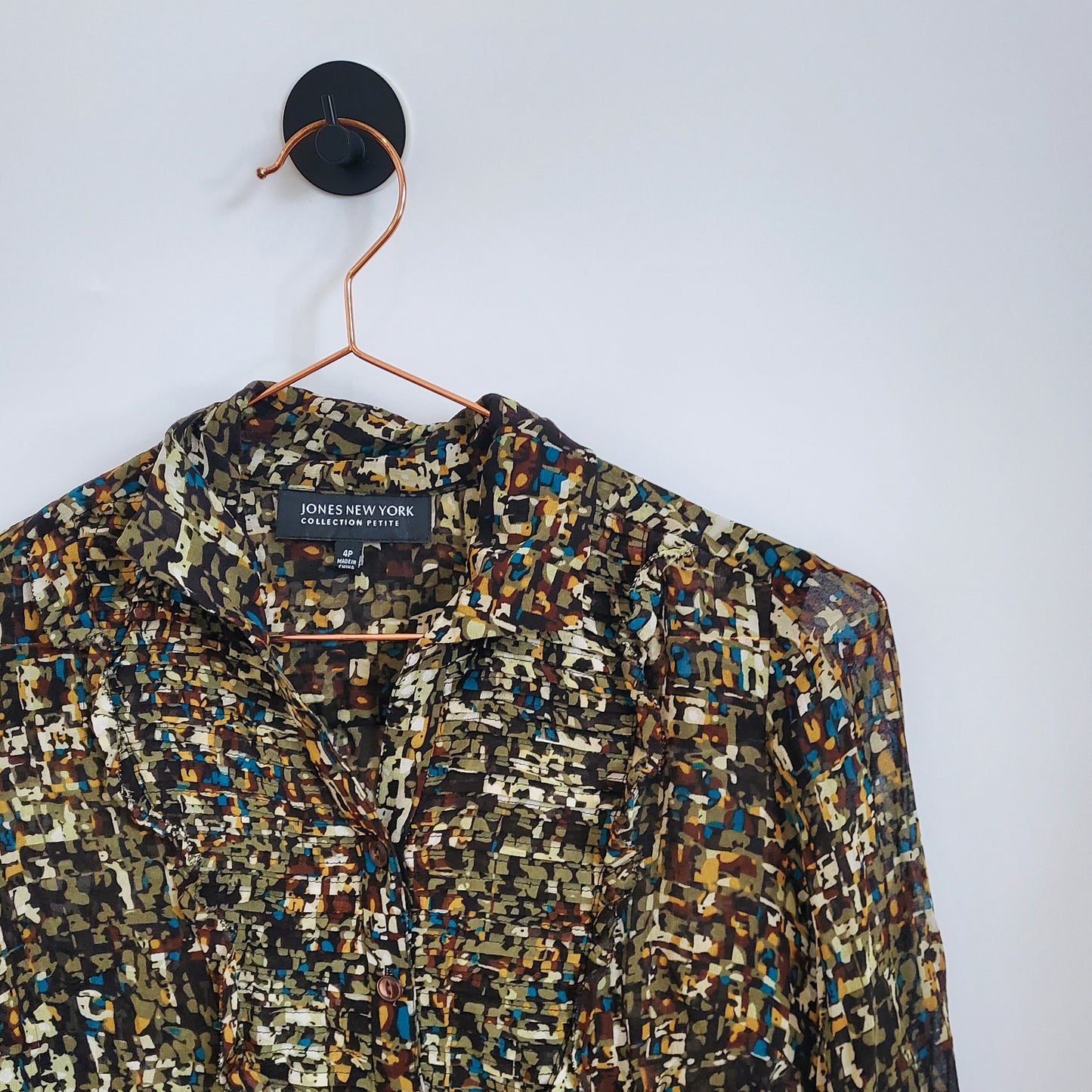 Vintage 90s Abstract Print Sheer Ruffle Blouse | Size 8