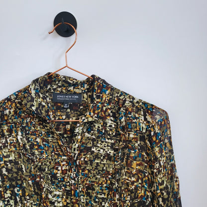 Vintage 90s Abstract Print Sheer Ruffle Blouse | Size 8