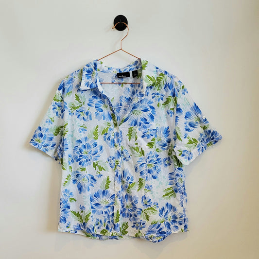Vintage 90s Floral Short Sleeve Blouse | Size XL