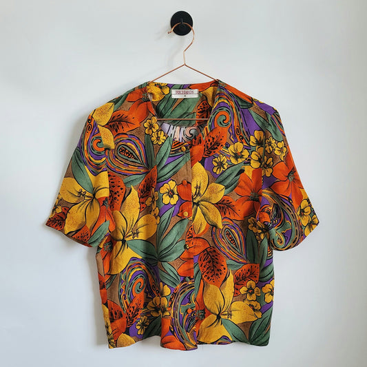 Vintage 80s Floral Print Short Sleeve Blouse | Size 12