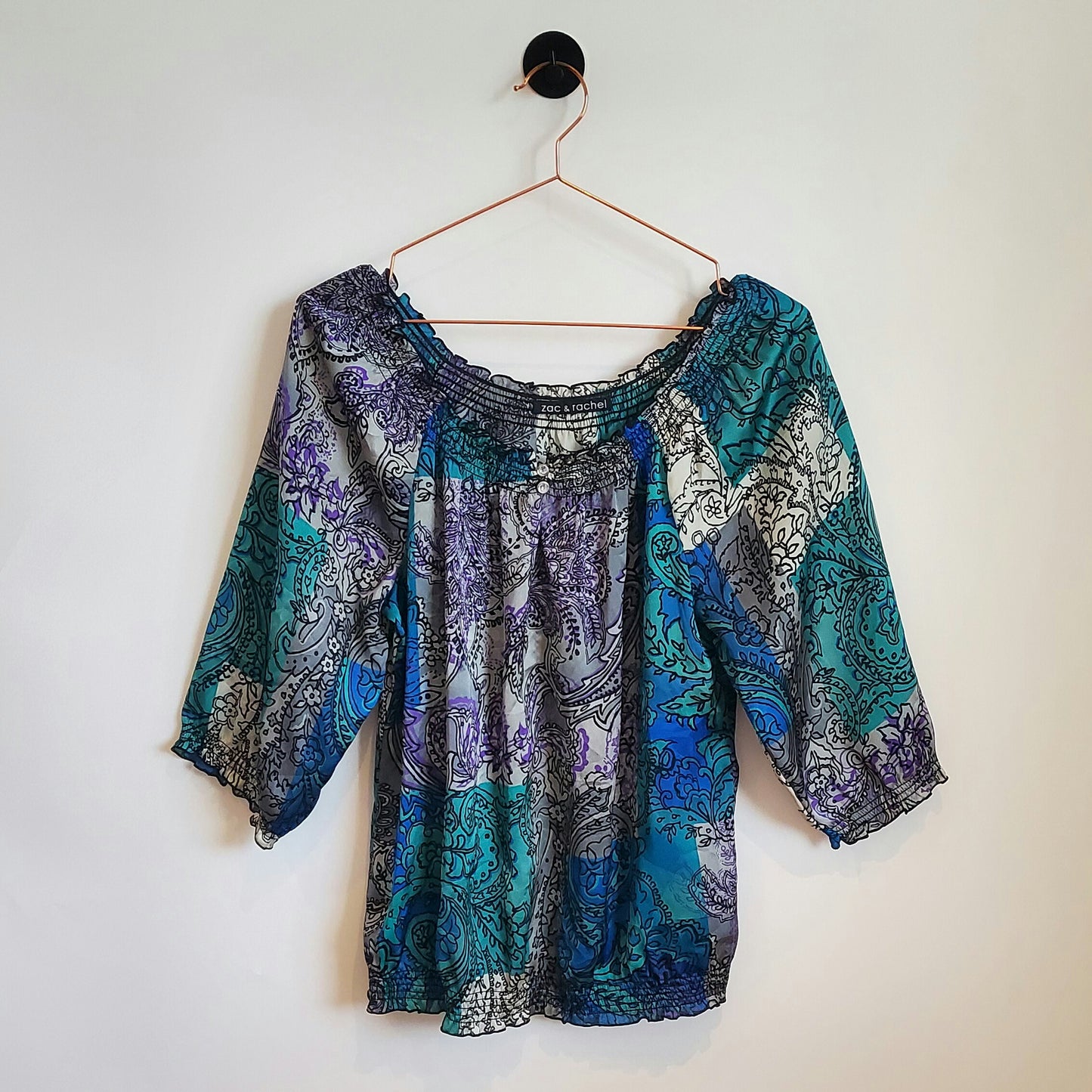 90s Vintage Paisley Satin Off Shoulder Top | Size 10