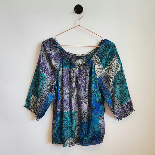 90s Vintage Paisley Satin Off Shoulder Top | Size 10
