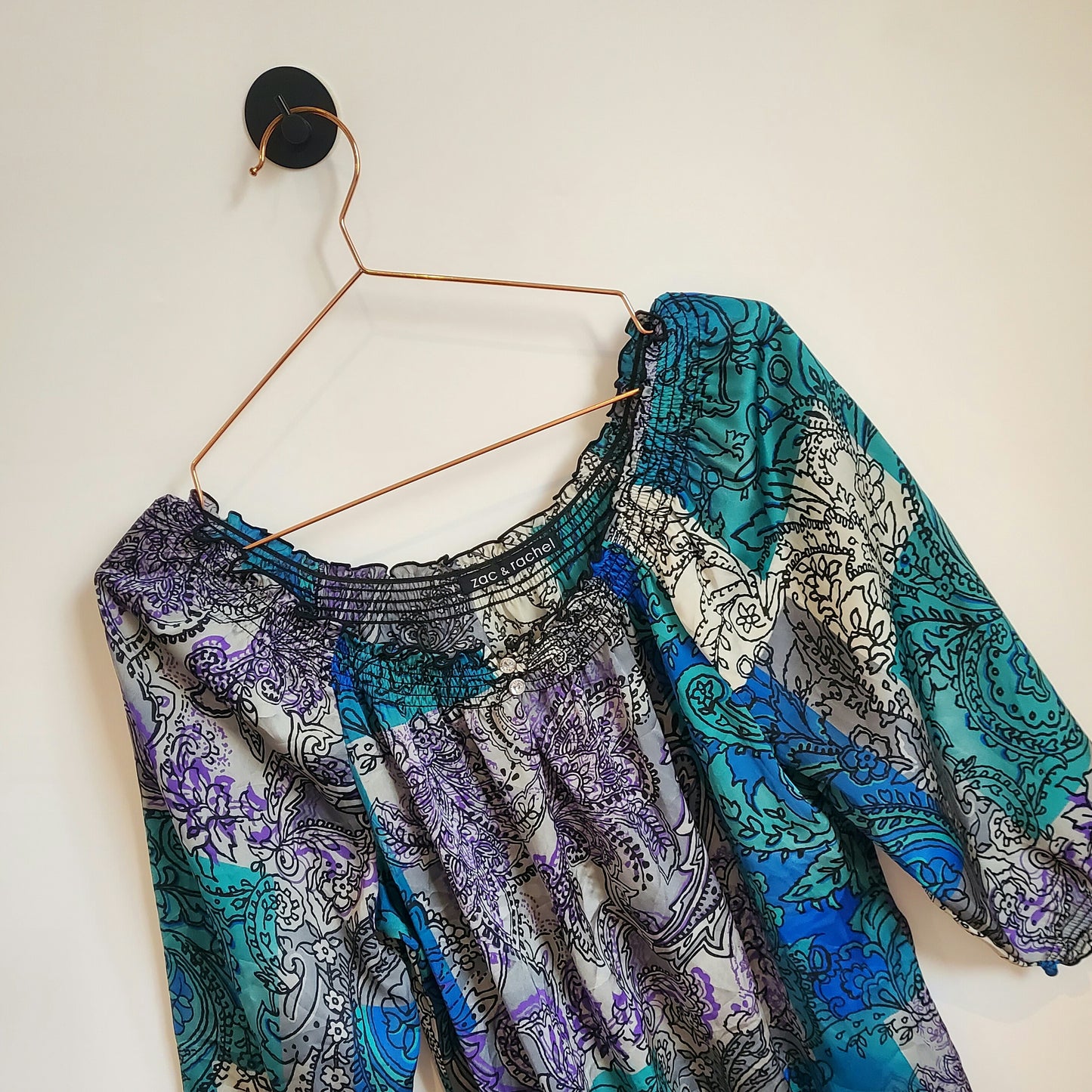 90s Vintage Paisley Satin Off Shoulder Top | Size 10