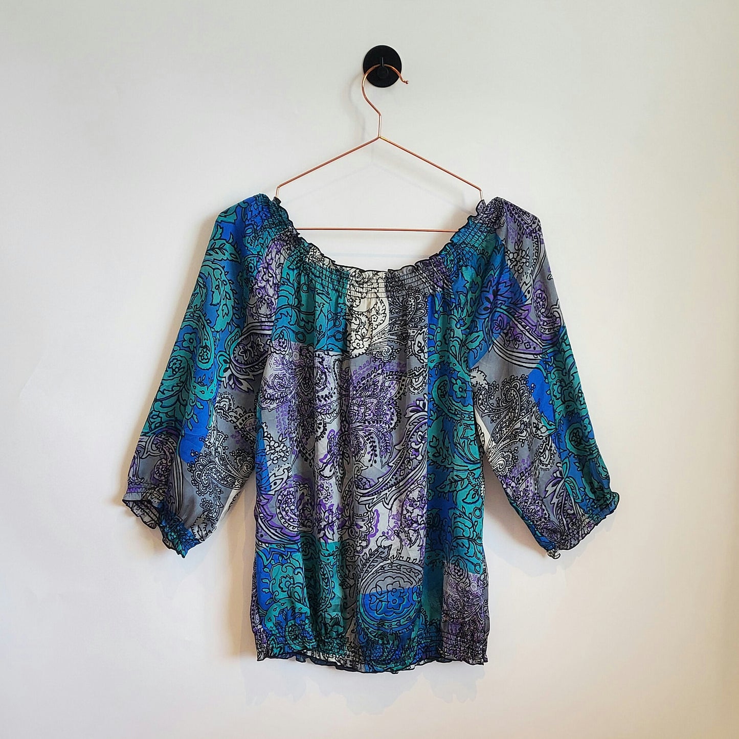 90s Vintage Paisley Satin Off Shoulder Top | Size 10