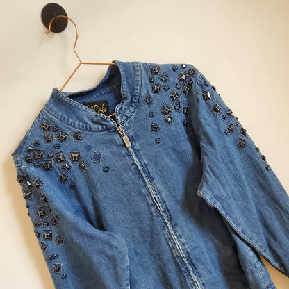 Vintage 80s Beaded Denim Lightweight Jacket | Size 12