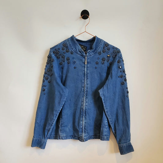 Vintage 80s Beaded Denim Lightweight Jacket | Size 12
