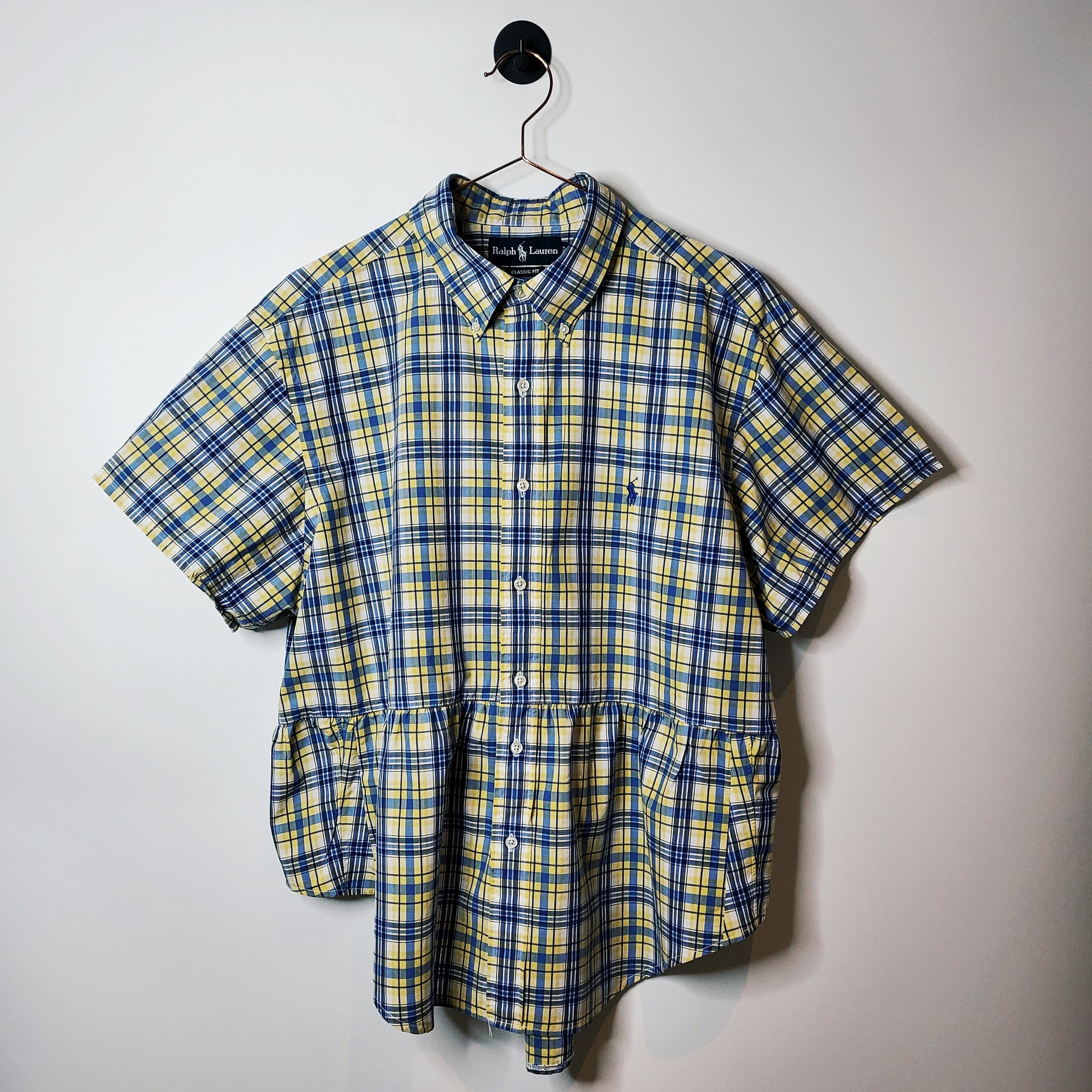 Vintage Reworked Women's Ralph Lauren Smock Shirt Yellow and Blue Size 14-16