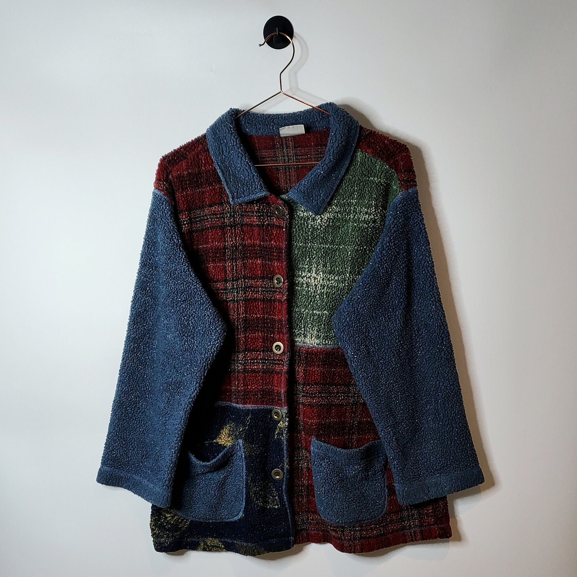Vintage 80's Retro Plaid Fleece Cardigan Red Size M
