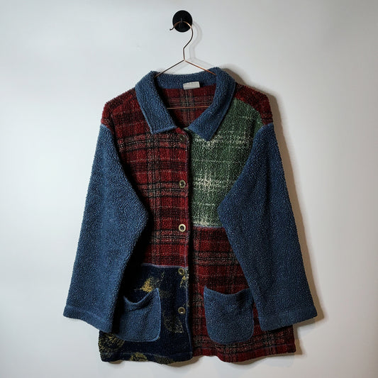 Vintage 80's Retro Plaid Fleece Cardigan Red Size M