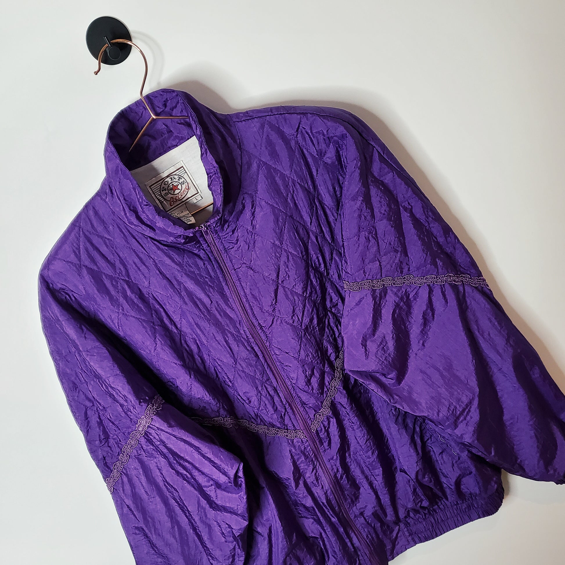 Vintage 80s Quilted Embroidered Windbreaker Jacket Purple Size Large