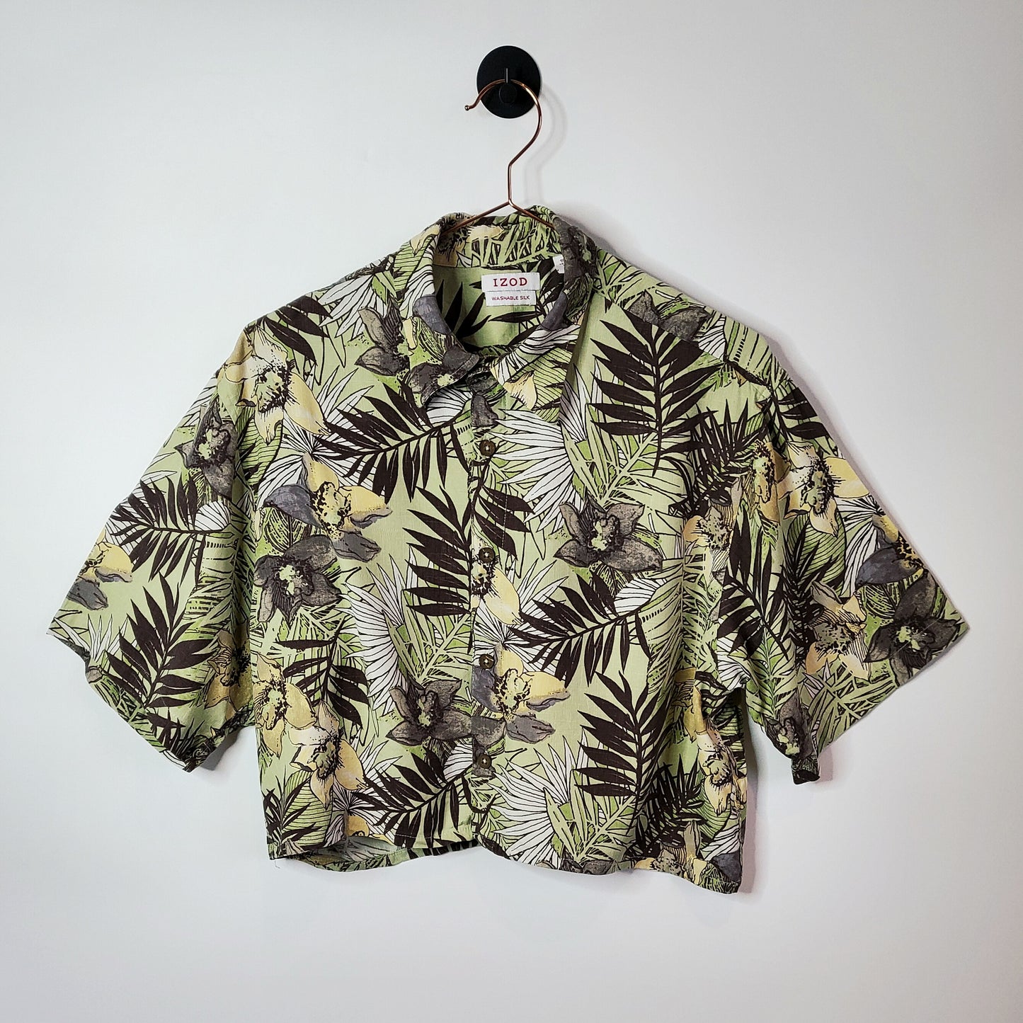 Reworked 90s Vintage Oversized Hawaiian Crop Shirt Yellow Size 12-14