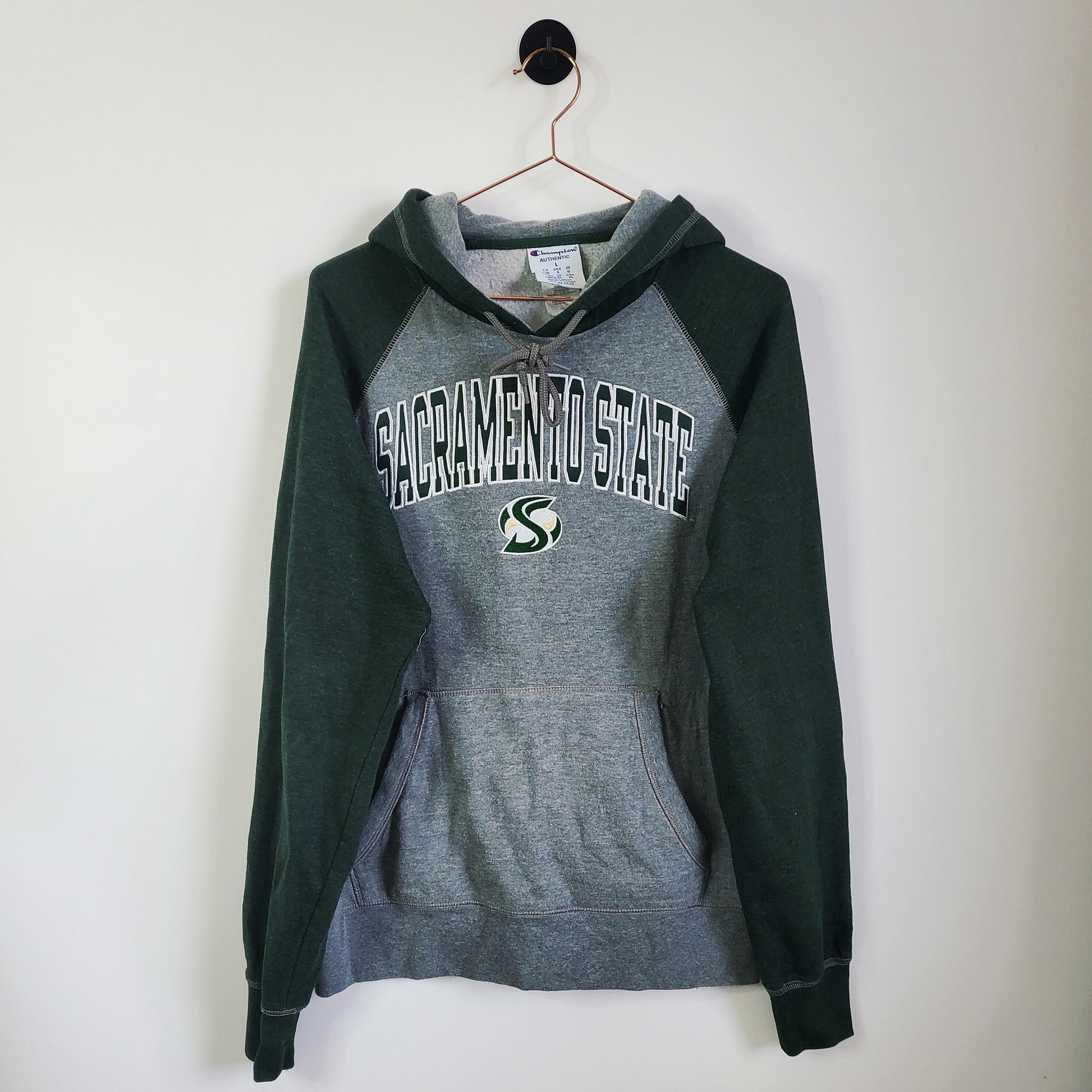 Sacramento State Vintage Champion Hoodie Grey and Green Size L