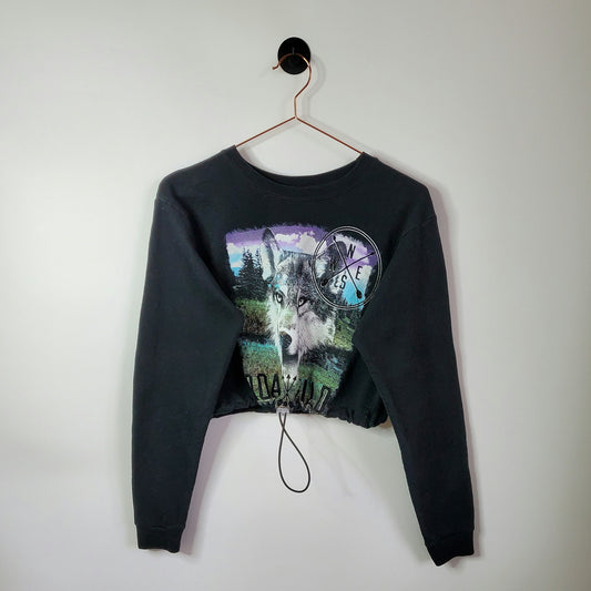 Upcycled Y2K Wolf Printed Crop Sweatshirt Black Size 6