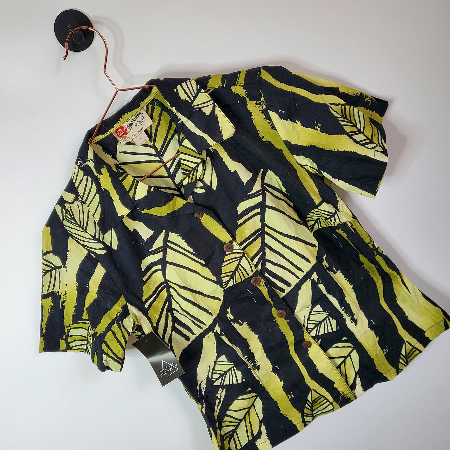 Vintage 80's Palm Tree Hawaiian Shirt  Green and Black Size Small