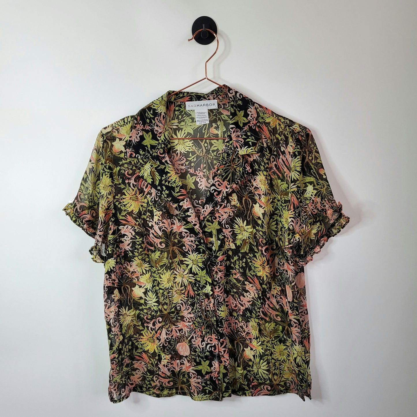 Vintage 90s Sheer Floral Women's Blouse Black and Green Size Large