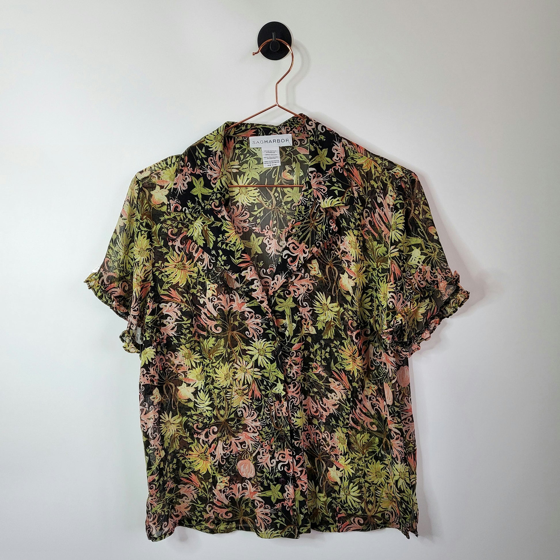 Vintage 90s Sheer Floral Women's Blouse Black and Green Size Large