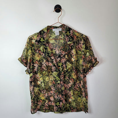 Vintage 90s Sheer Floral Women's Blouse Black and Green Size Large