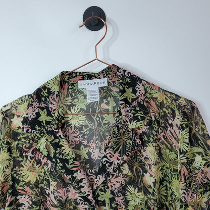 Vintage 90s Sheer Floral Women's Blouse Black and Green Size Large