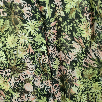 Vintage 90s Sheer Floral Women's Blouse Black and Green Size Large