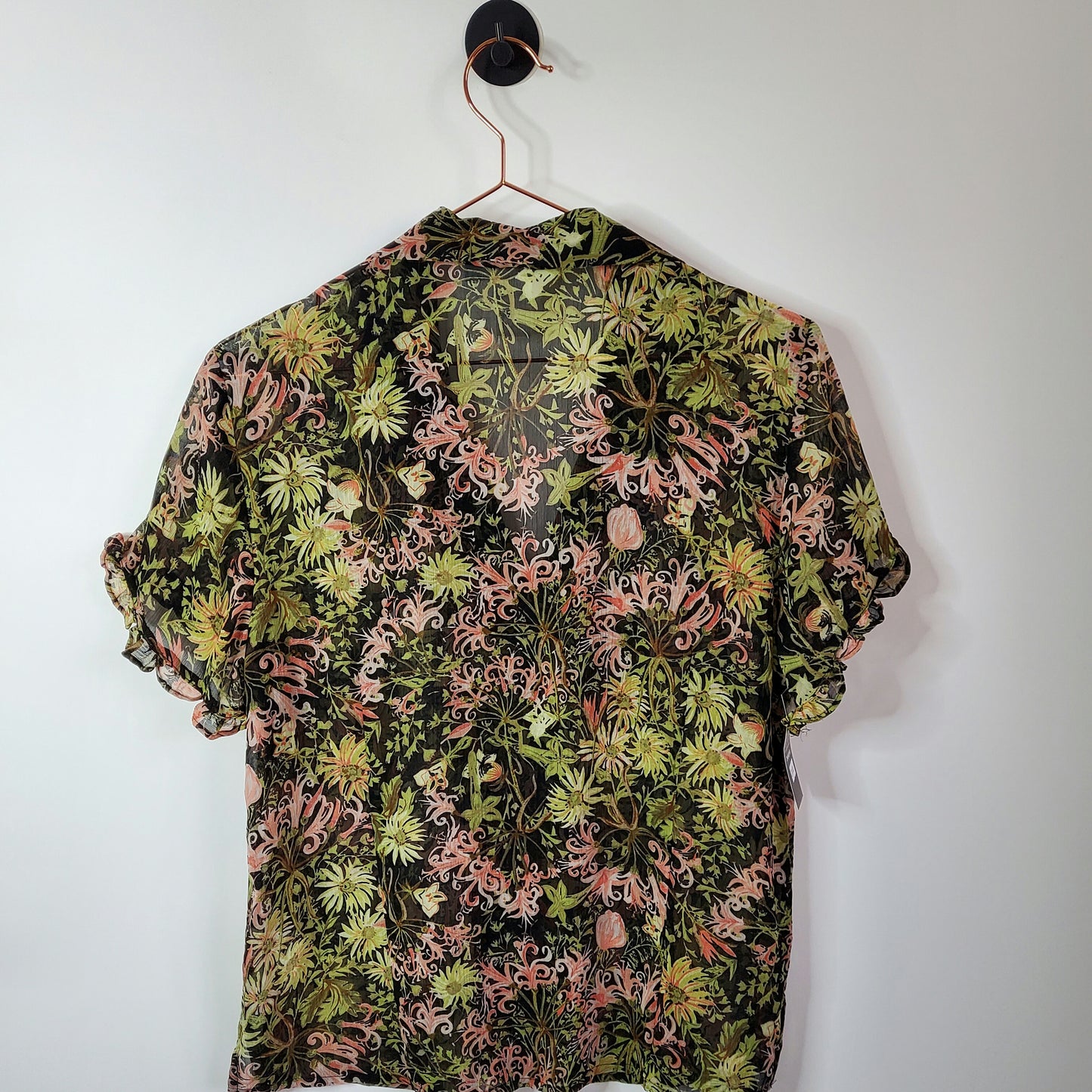 Vintage 90s Sheer Floral Women's Blouse Black and Green Size Large