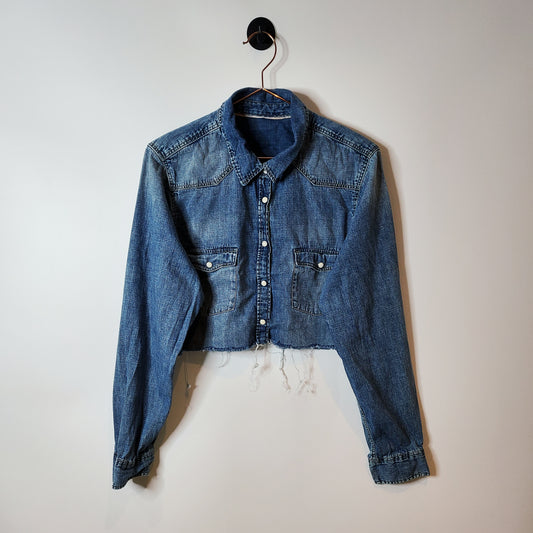 Reworked Crop Shirt Jacket Blue size 10-12