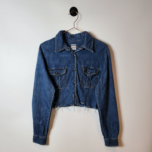 Blue reworked cropped Moschino denim shirt jacket - size 10-12