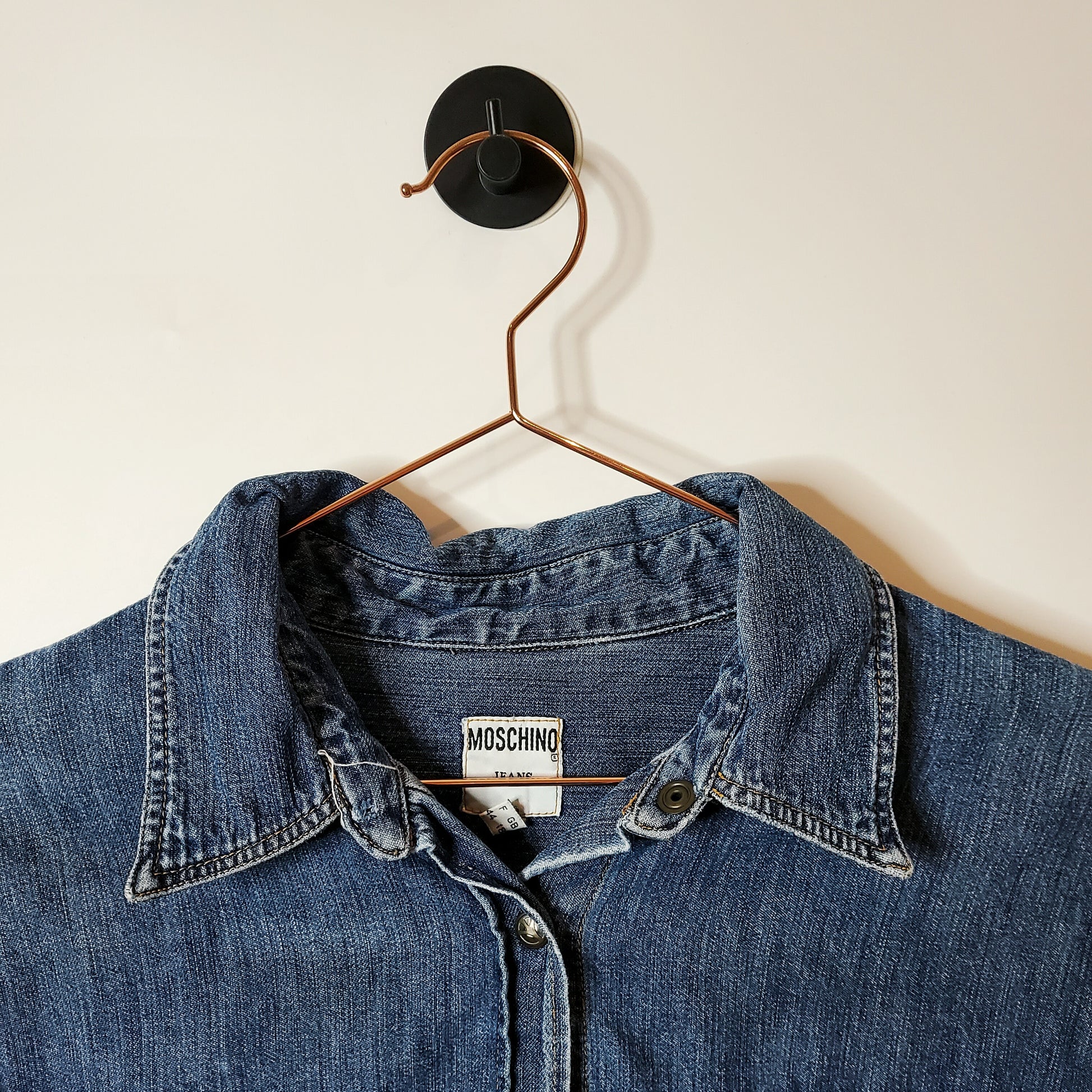 Blue reworked cropped Moschino denim shirt jacket - size 10-12