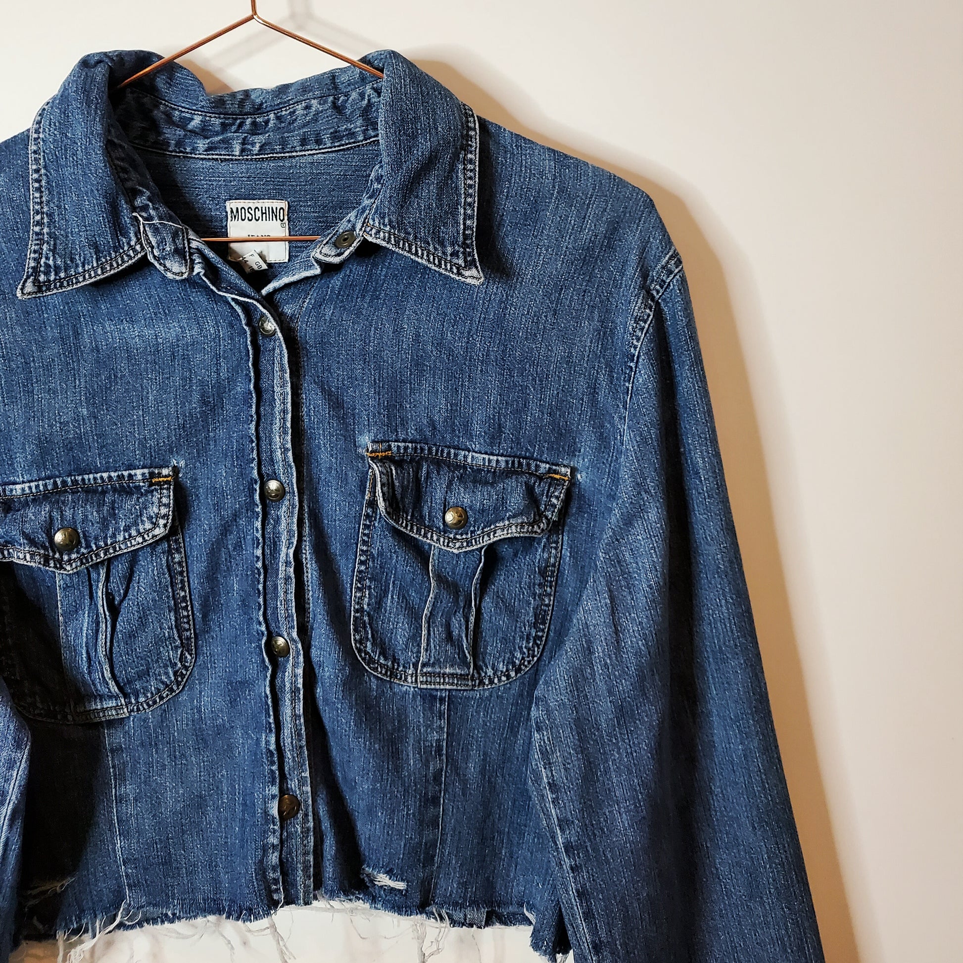 Blue reworked cropped Moschino denim shirt jacket - size 10-12