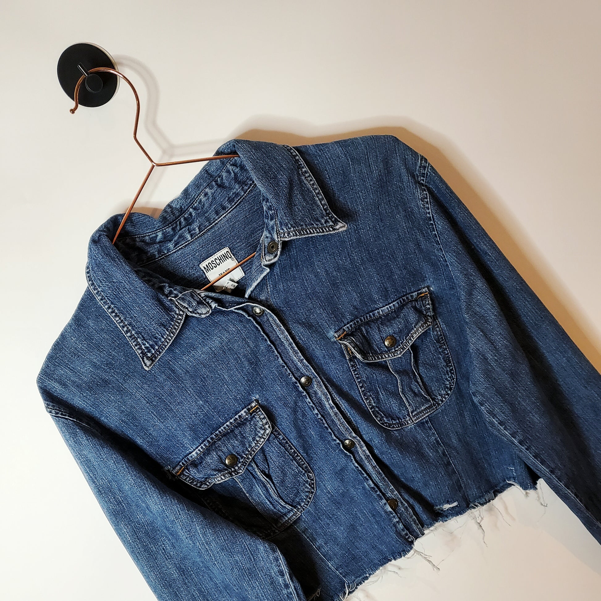 Blue reworked cropped Moschino denim shirt jacket - size 10-12