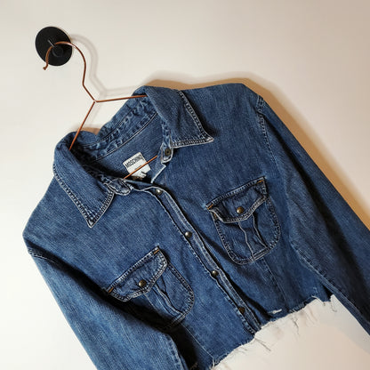 Blue reworked cropped Moschino denim shirt jacket - size 10-12