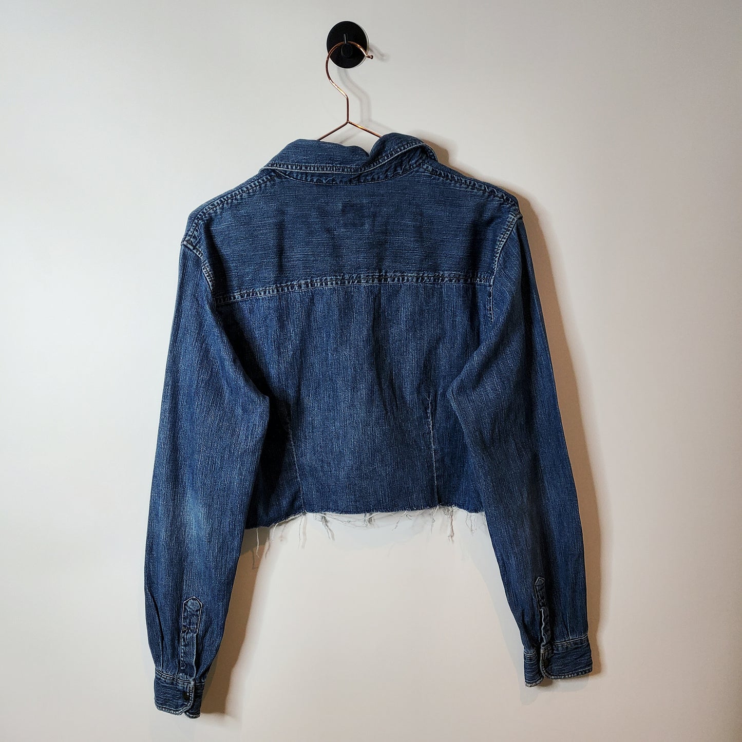 Blue reworked cropped Moschino denim shirt jacket - size 10-12