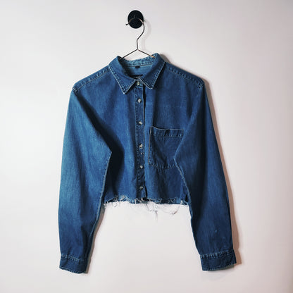 Blue Vintage Reworked Cropped Denim Shirt Jacket, Size 10-12
