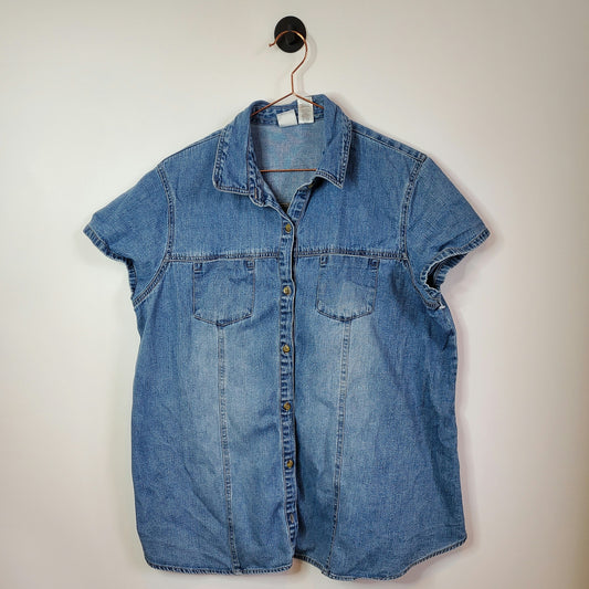 Vintage Y2K Maternity Cap Sleeve Denim Blouse Blue Size L