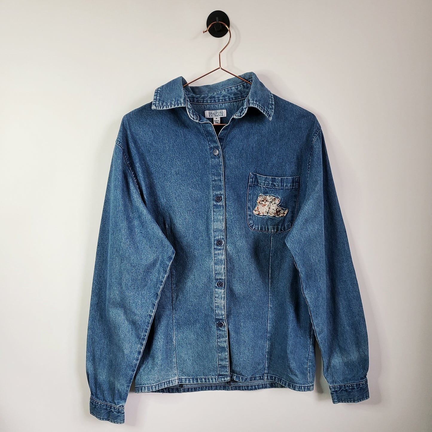 90s Vintage Denim Cat Embroidered Shirt Blue Size 12-14