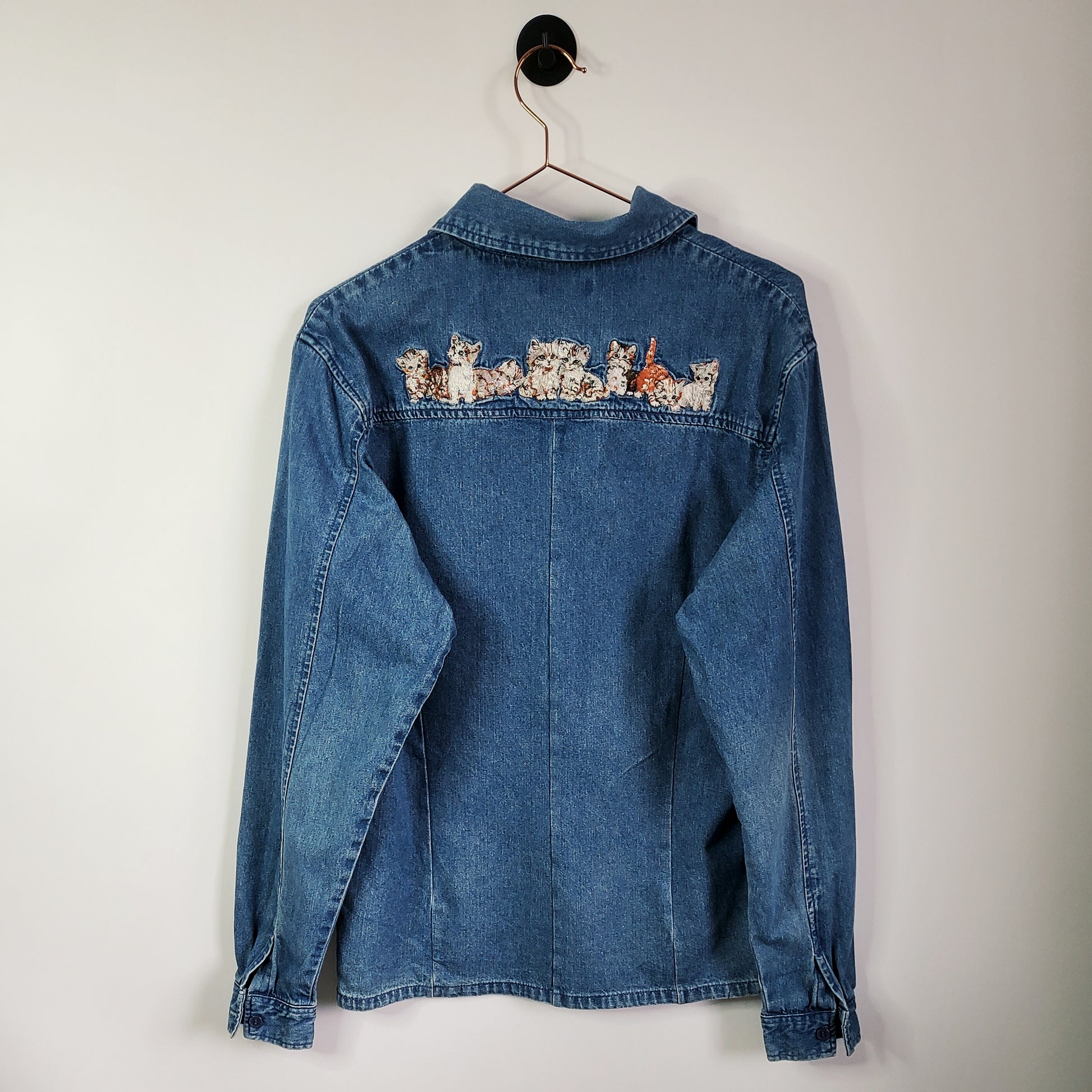90s Vintage Denim Cat Embroidered Shirt Blue Size 12-14