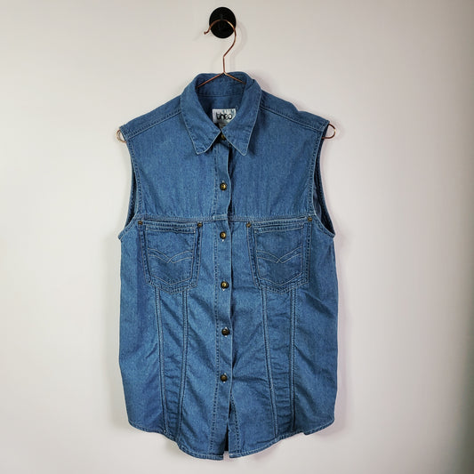 Vintage 90s Blue Denim Sleeveless Shirt Size 10-12 - Vintage Recovery