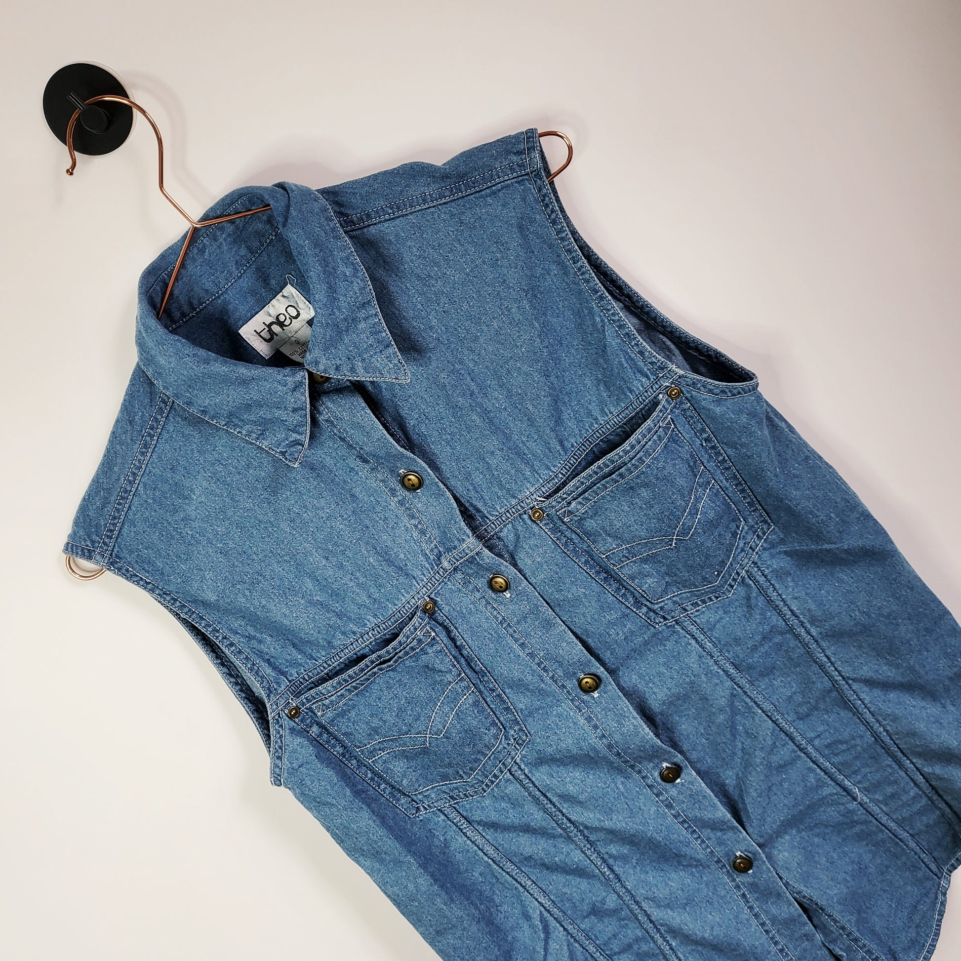 Vintage 90s Blue Denim Sleeveless Shirt Size 10-12 - Vintage Recovery