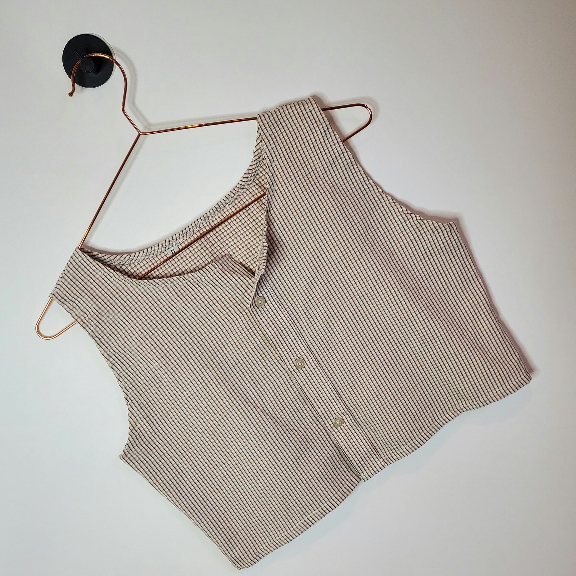 Upcycled Vintage Gingham Crop Blouse Brown and White Size 10-12
