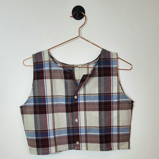 Upcycled Checked Vintage Crop Top Red and Blue Size 10-12