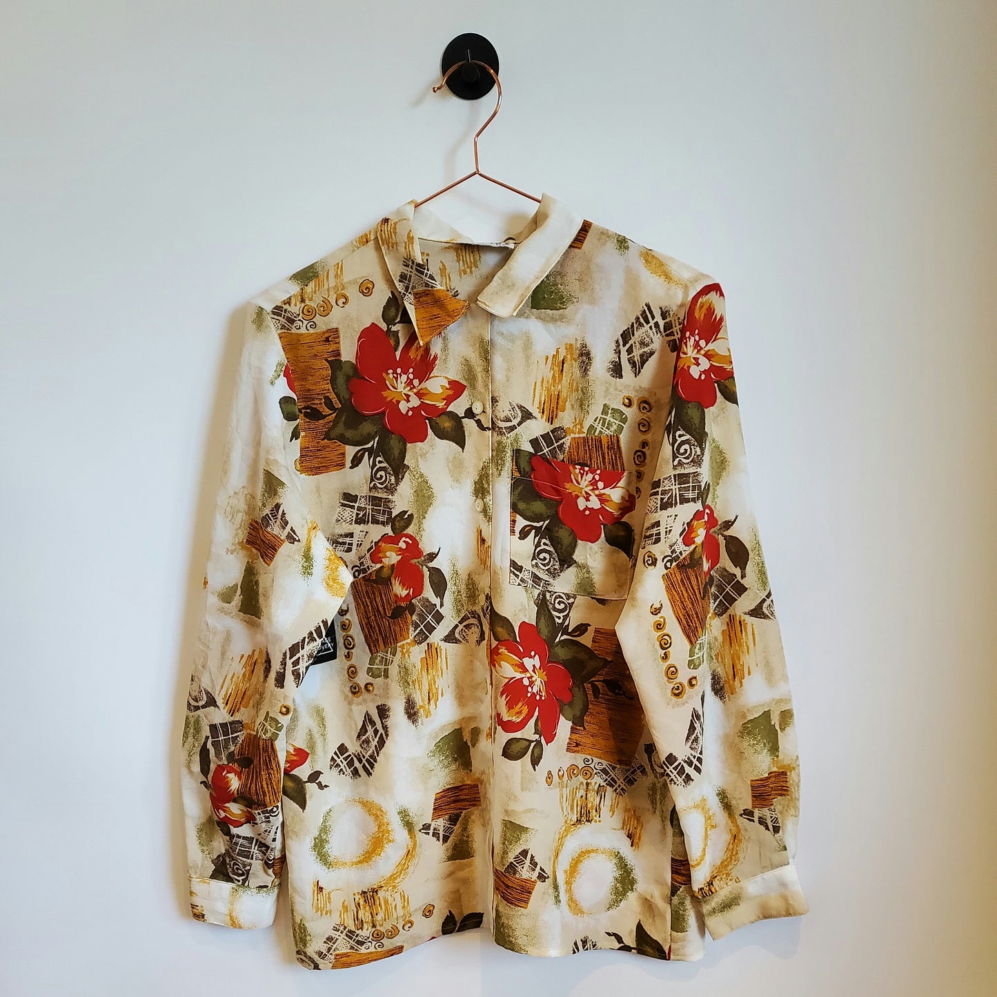 Vintage 90s Floral Blouse Beige and Red Size 8-10