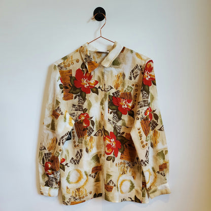Vintage 90s Floral Blouse Beige and Red Size 8-10